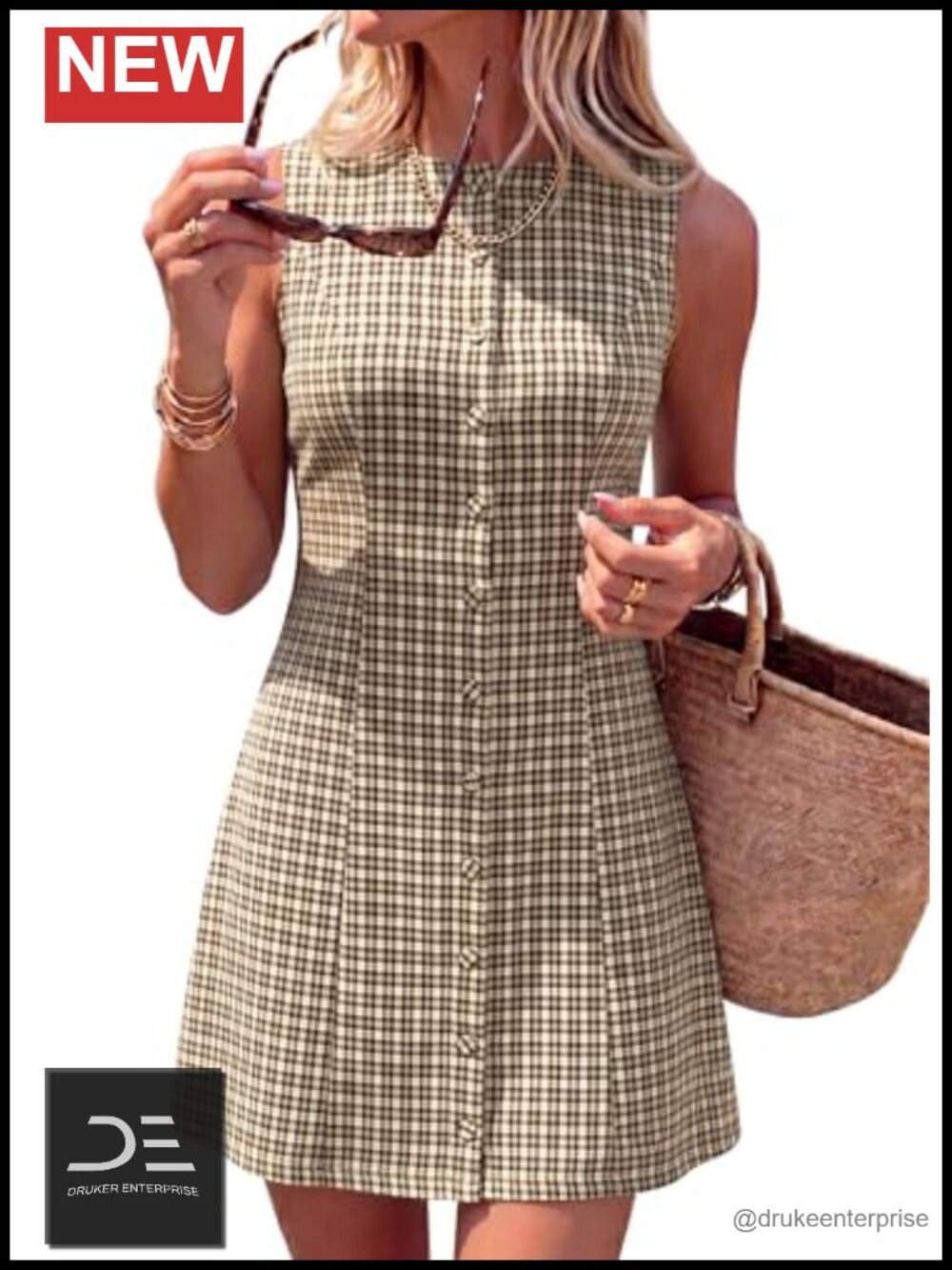 Plaid Sleeveless Zip Up A Line Mini Dress Business Casual Vacation Sundress - Picture 1 of 6
